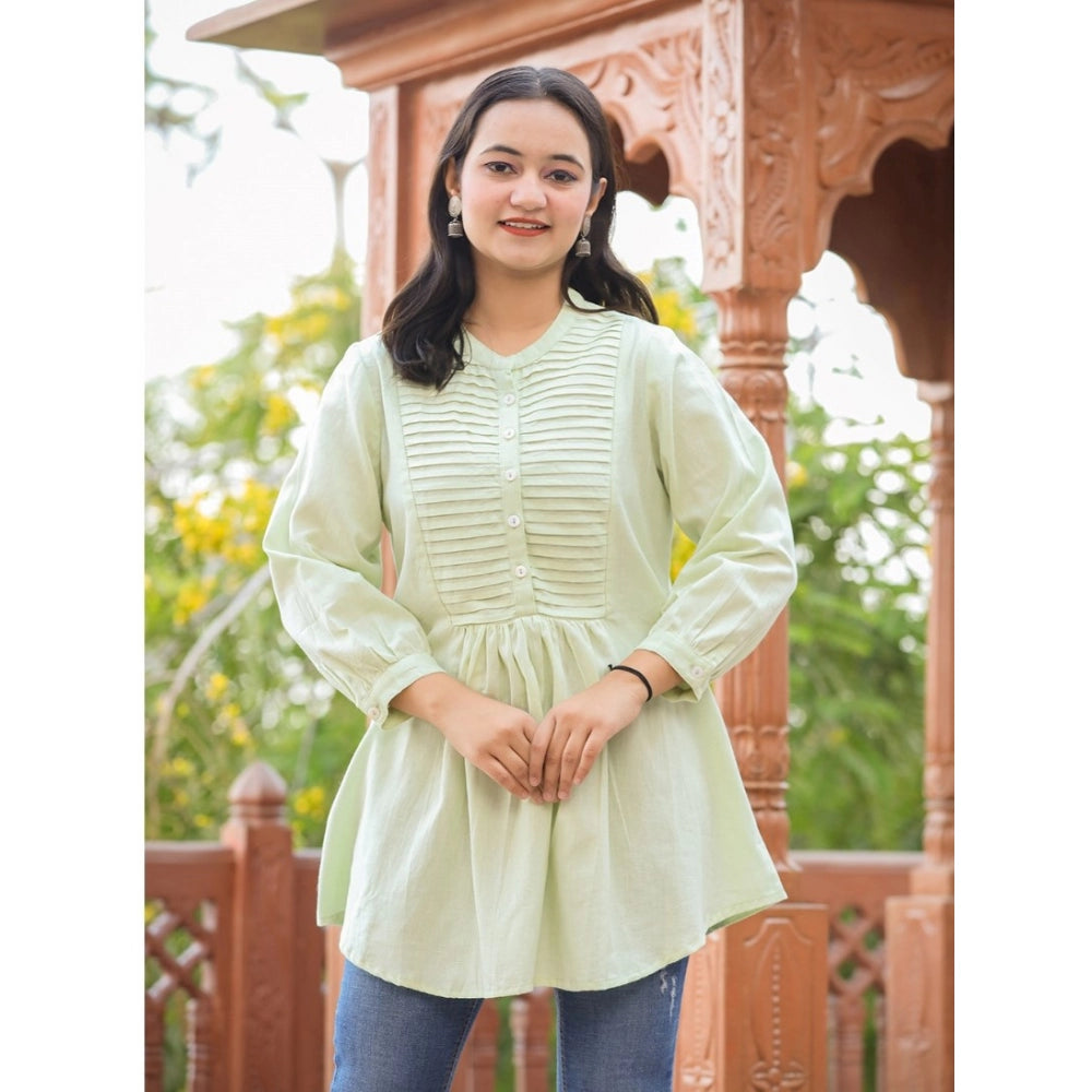 Generic Women's Cotton Solid Full Sleeve Band collar Tunic (Green)