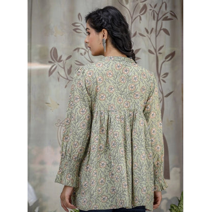 Women's Cotton Printed Full Sleeve Mandarin collar Tunics (Green)