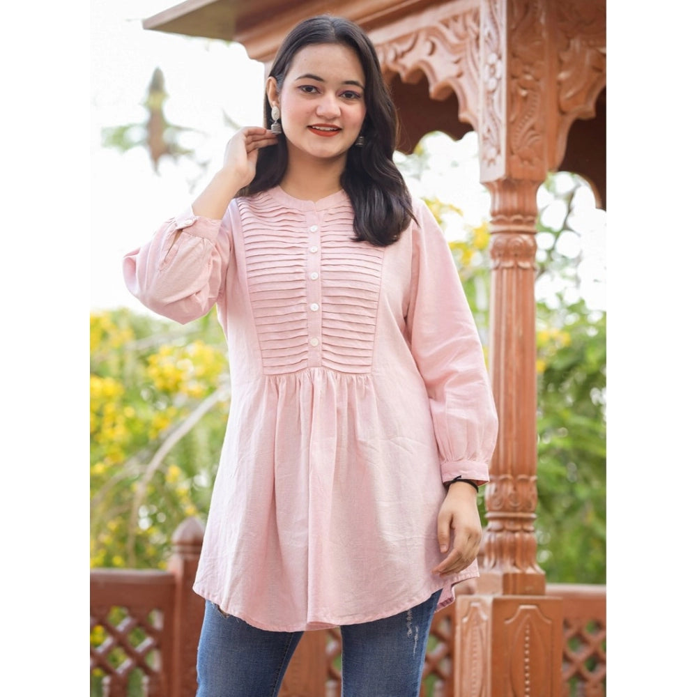 Women's Cotton Solid Full Sleeve Band collar Tunic (Peach)