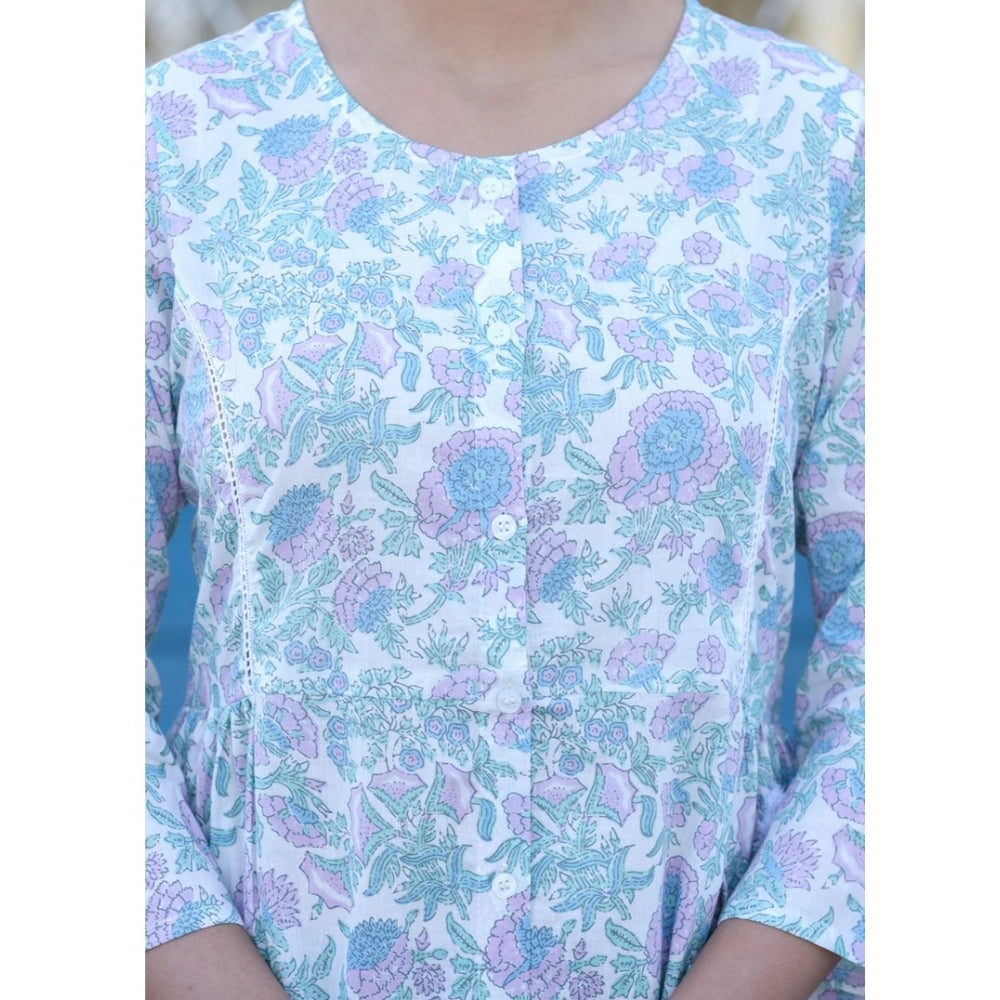 Generic Women's Cotton Printed 3/4 Sleeve Round Neck Tunics (White-Purple)