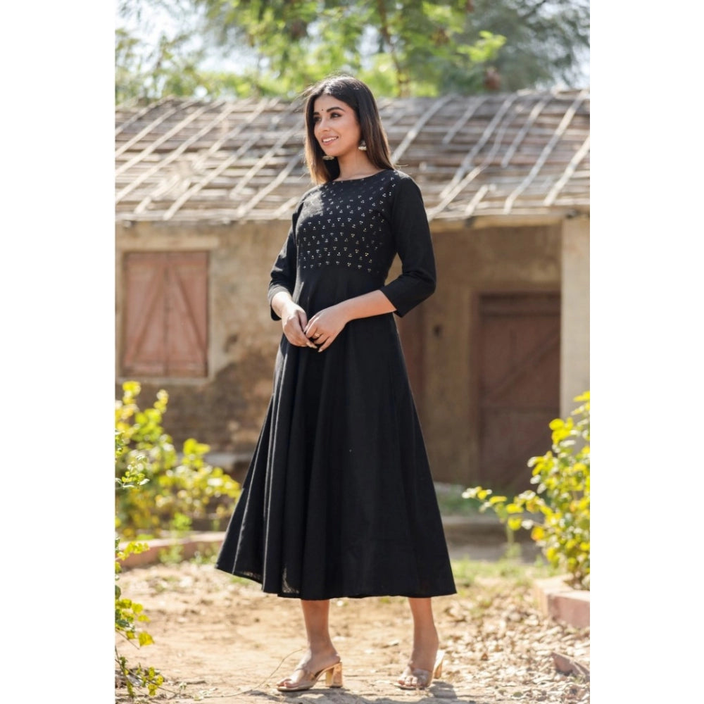 Generic Women's Cotton Solid 3/4 Sleeve Round Neck Kurti (Black)