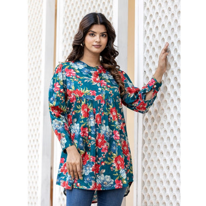 Women's Cotton Printed Full Sleeve Mandarin collar Top (Sea Green)