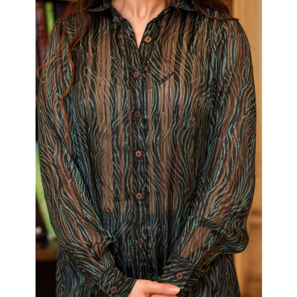 Women's Chiffon Striped Full Sleeve Collared Shirt Top (Green)