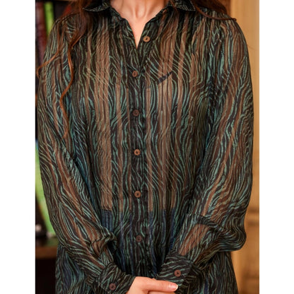 Women's Chiffon Striped Full Sleeve Collared Shirt Top (Green)