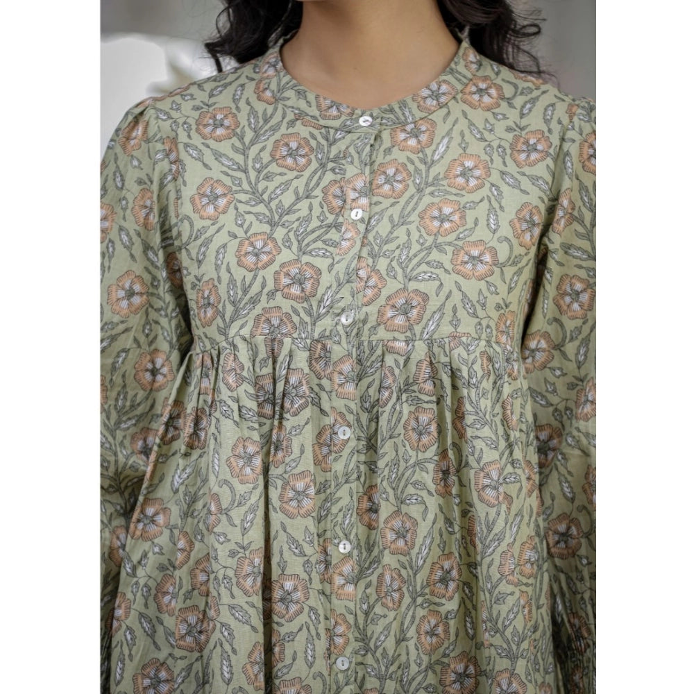 Women's Cotton Printed Full Sleeve Mandarin collar Tunics (Green)