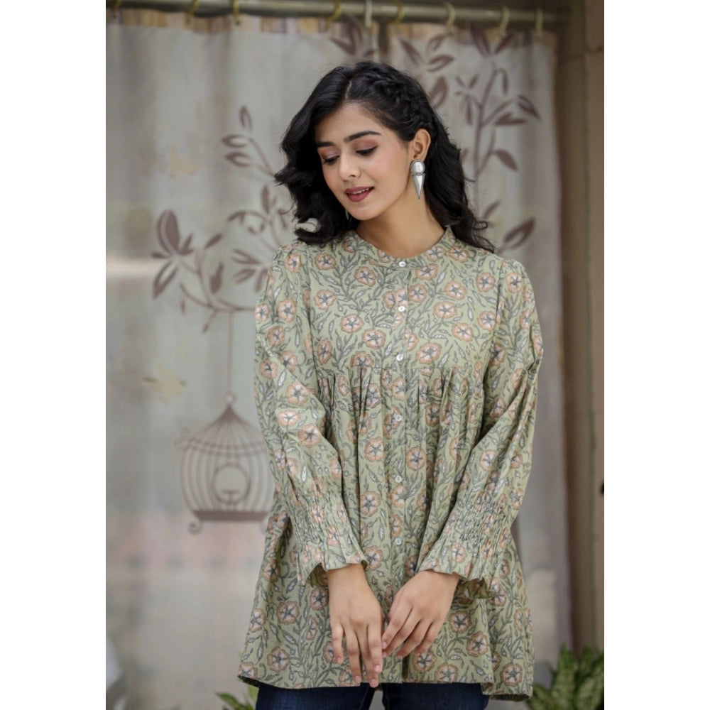 Women's Cotton Printed Full Sleeve Mandarin collar Tunics (Green)