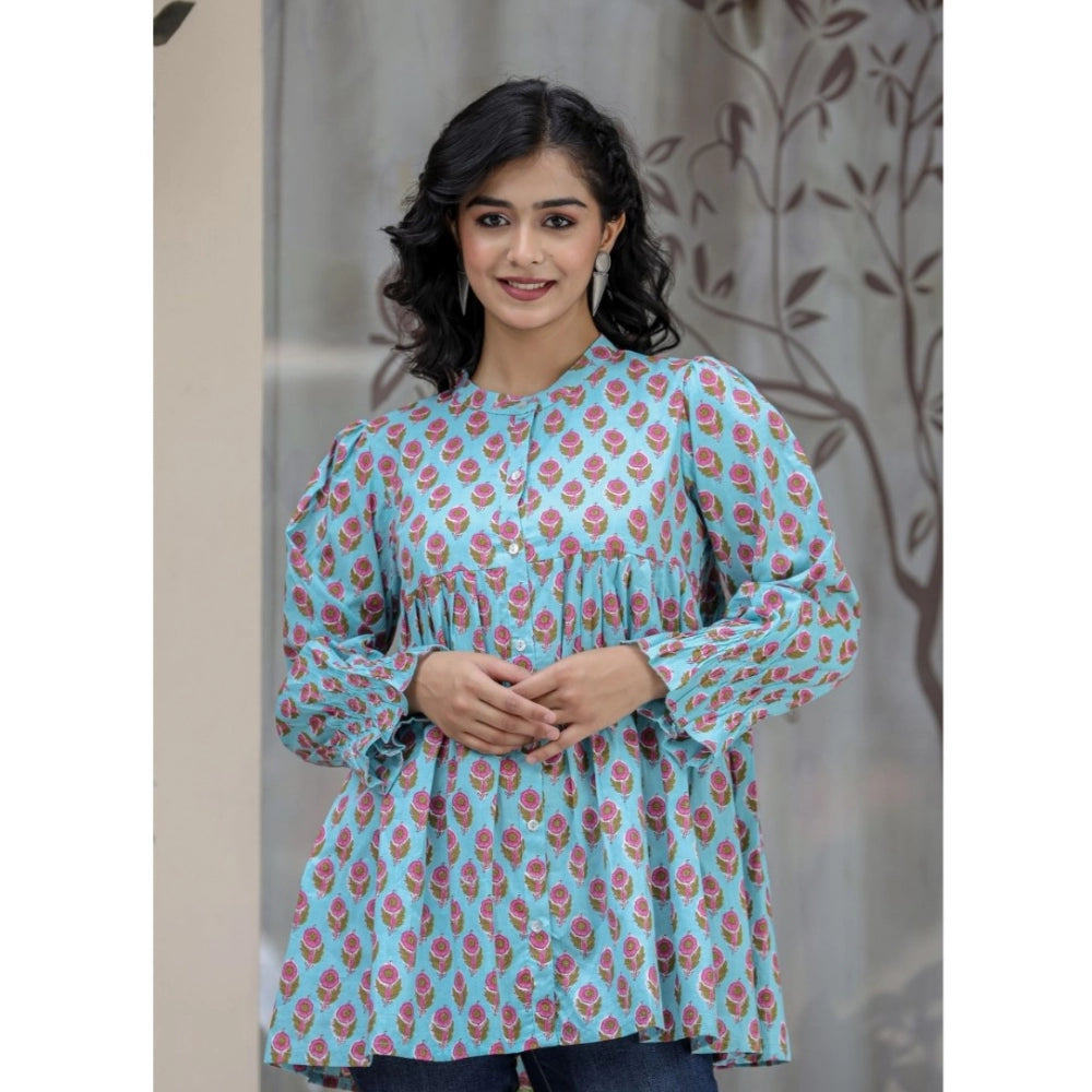 Generic Women's Cotton Printed Full Sleeve Mandarin collar Tunics (Turquoise)