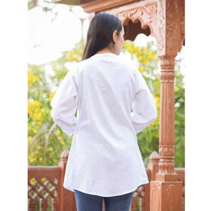 Generic Women's Cotton Solid Full Sleeve Band collar Tunic (White)