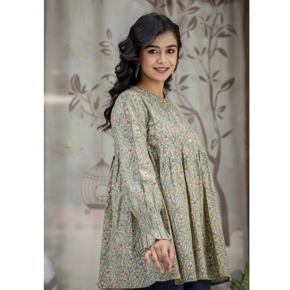 Women's Cotton Printed Full Sleeve Mandarin collar Tunics (Green)