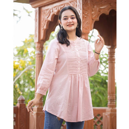 Women's Cotton Solid Full Sleeve Band collar Tunic (Peach)