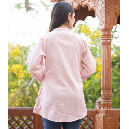 Women's Cotton Solid Full Sleeve Band collar Tunic (Peach)