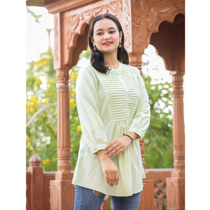 Generic Women's Cotton Solid Full Sleeve Band collar Tunic (Green)