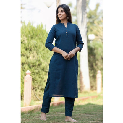 Generic Women's Cotton Solid 3/4 Sleeve Mandarin collar Kurti (Blue)