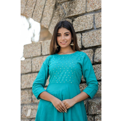 Generic Women's Cotton Solid 3/4 Sleeve Round Neck Kurti (Green)