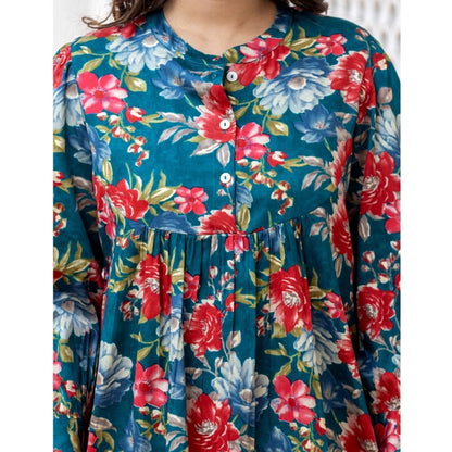 Women's Cotton Printed Full Sleeve Mandarin collar Top (Sea Green)