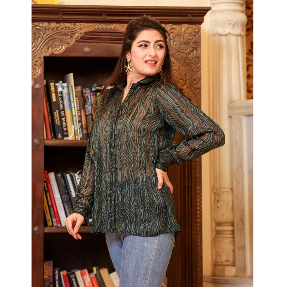 Women's Chiffon Striped Full Sleeve Collared Shirt Top (Green)