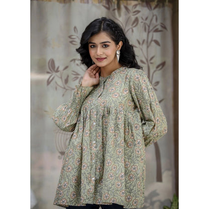 Women's Cotton Printed Full Sleeve Mandarin collar Tunics (Green)