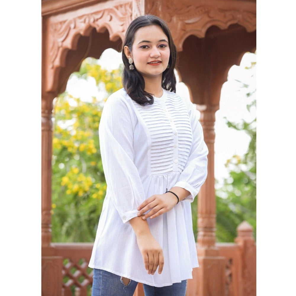 Generic Women's Cotton Solid Full Sleeve Band collar Tunic (White)