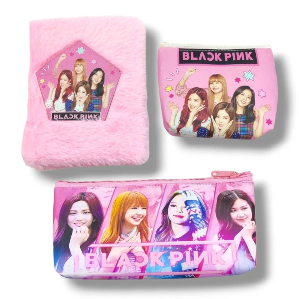 3 in 1 Black Pink BTS Stationery Set With 2 Pouchs And 1 Packet Dairy | Soft Furr | Stationery | 5+ Years