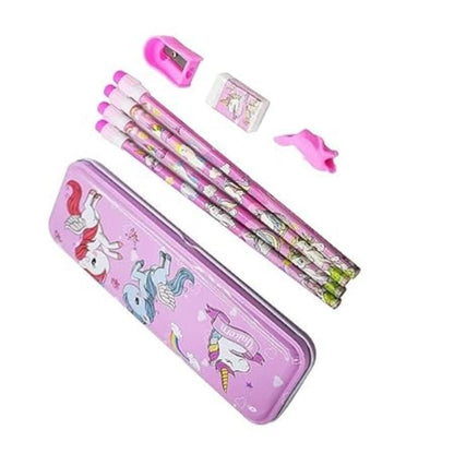 8_Pcs Set Unicorn Metal Pencil Box With 4 Pencils, 1 Sharpner, 1 Eracer And 1 Pencil Cap| Metal Box| Stationery | 3+ Years