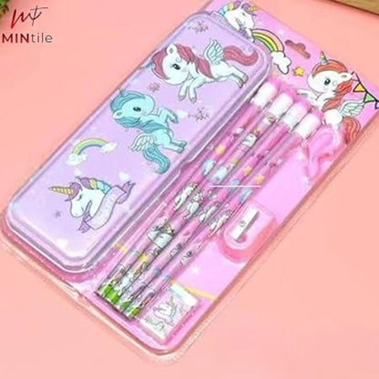 8_Pcs Set Unicorn Metal Pencil Box With 4 Pencils, 1 Sharpner, 1 Eracer And 1 Pencil Cap| Metal Box| Stationery | 3+ Years