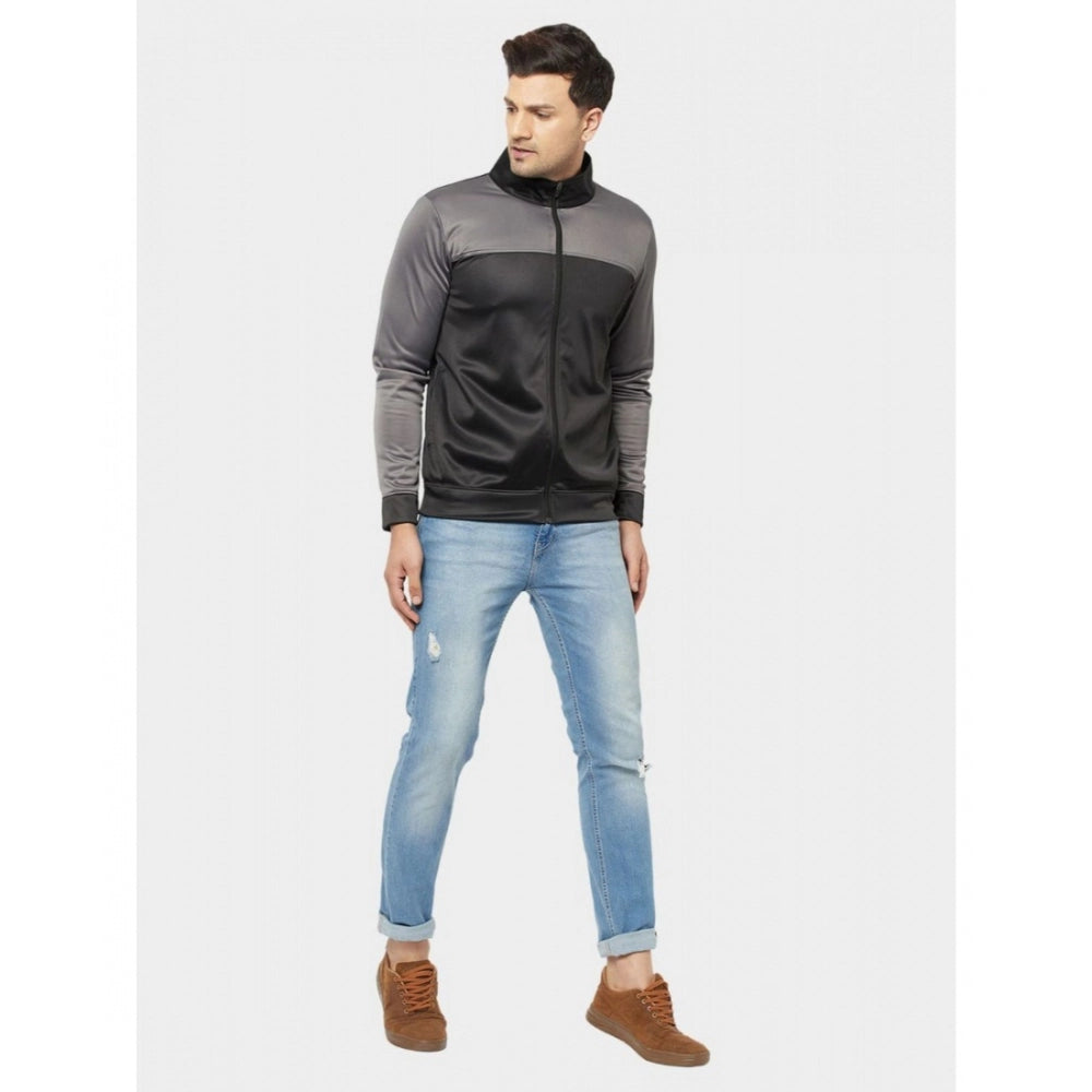 Men's Solid Lycra Blend Full Sleeve Casual Jacket (Black-Grey)