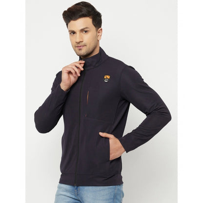 Men's Solid Lycra Blend Full Sleeve Casual Jacket (Navy-Blue)