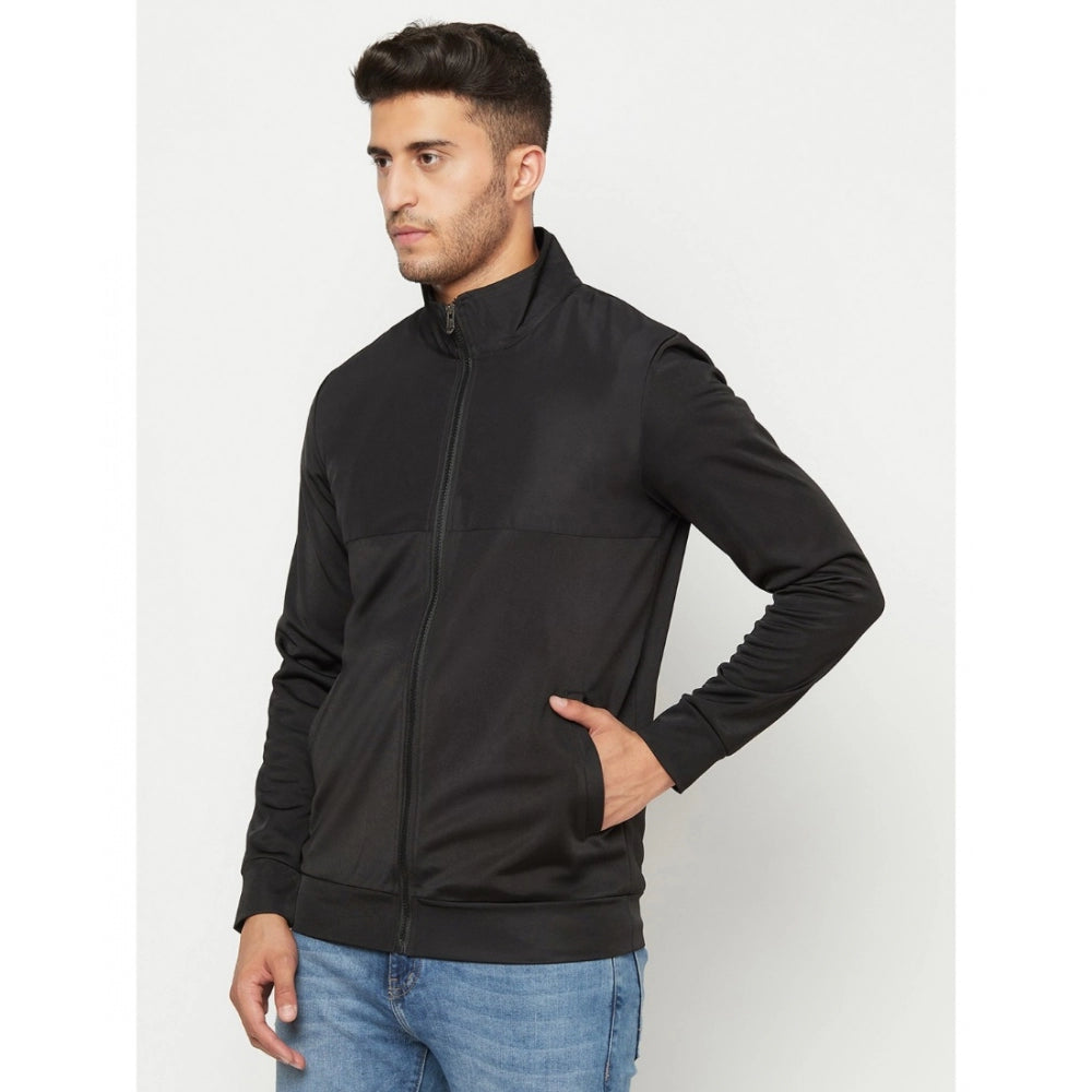 Men's Solid Lycra Blend Full Sleeve Casual Jacket (Black)