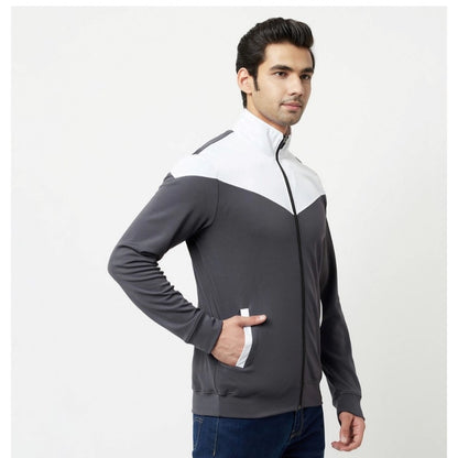 Men's Colorblock Lycra Blend Full Sleeve Casual Jacket (Grey-White)