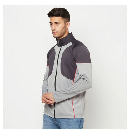 Men's Solid Lycra Blend Full Sleeve Casual Jacket (Grey)