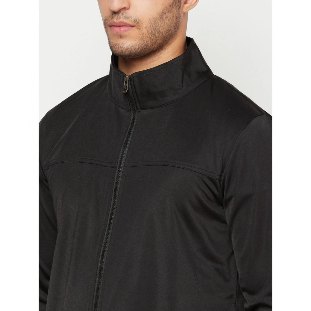 Men's Solid Lycra Blend Full Sleeve Casual Jacket (Black)