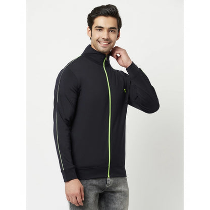 Men's Solid Lycra Blend Full Sleeve Casual Jacket (Navy-Blue)