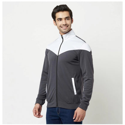 Men's Colorblock Lycra Blend Full Sleeve Casual Jacket (Grey-White)