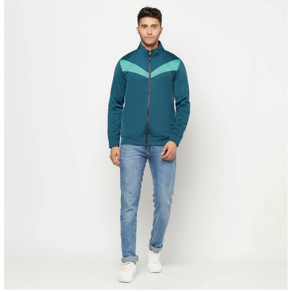 Men's Colorblock Polyester Full Sleeve Casual Jacket (Blue)