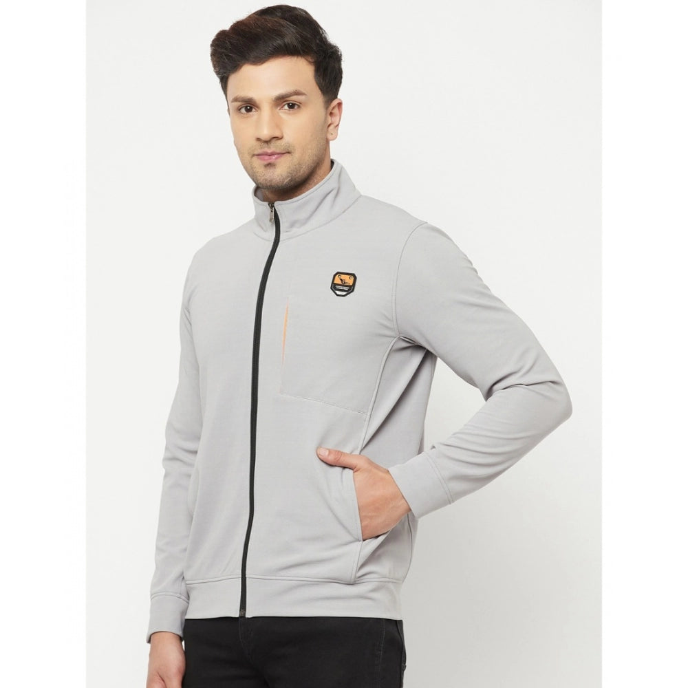 Men's Solid Lycra Blend Full Sleeve Casual Jacket (Grey)