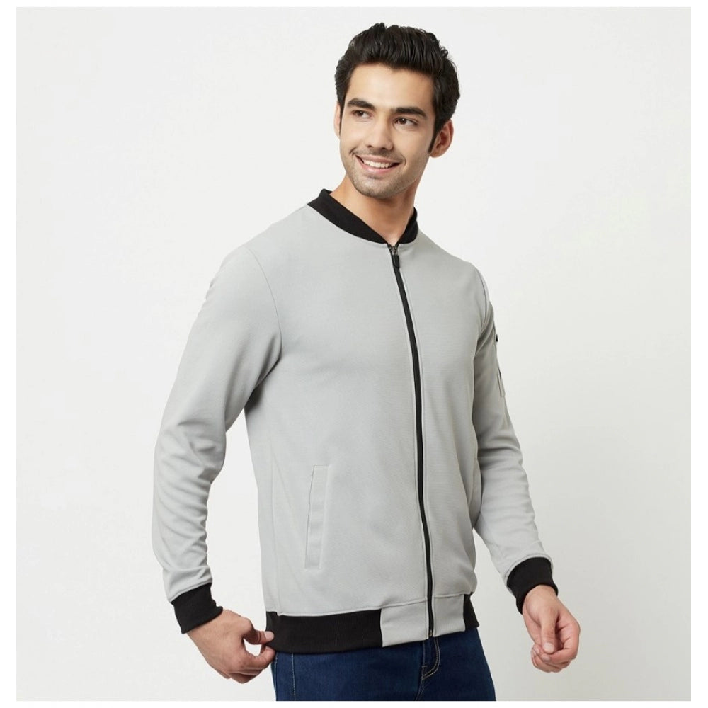 Men's Solid Lycra Blend Full Sleeve Casual Jacket (Grey)