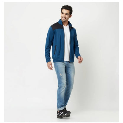 Men's Colorblock Lycra Blend Full Sleeve Casual Jacket (Blue)