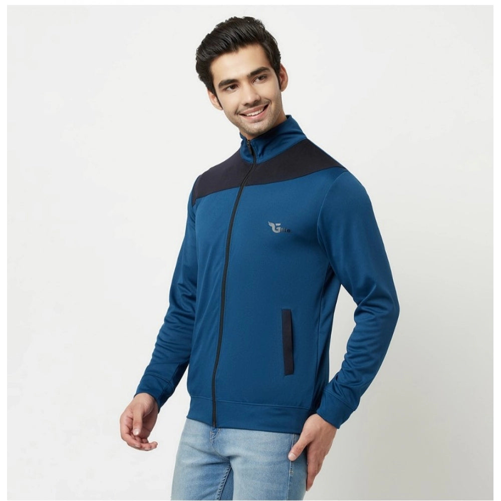 Men's Colorblock Lycra Blend Full Sleeve Casual Jacket (Blue)