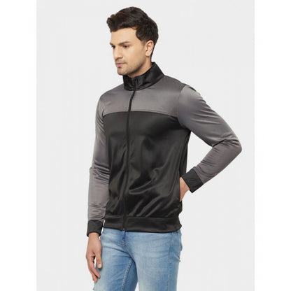 Men's Solid Lycra Blend Full Sleeve Casual Jacket (Black-Grey)