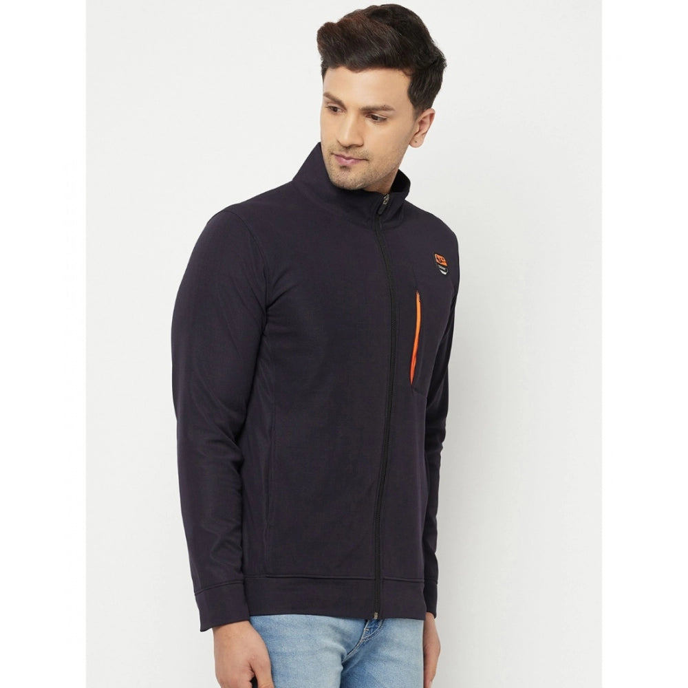 Men's Solid Lycra Blend Full Sleeve Casual Jacket (Navy-Blue)