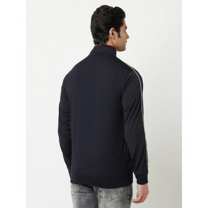 Men's Solid Lycra Blend Full Sleeve Casual Jacket (Navy-Blue)