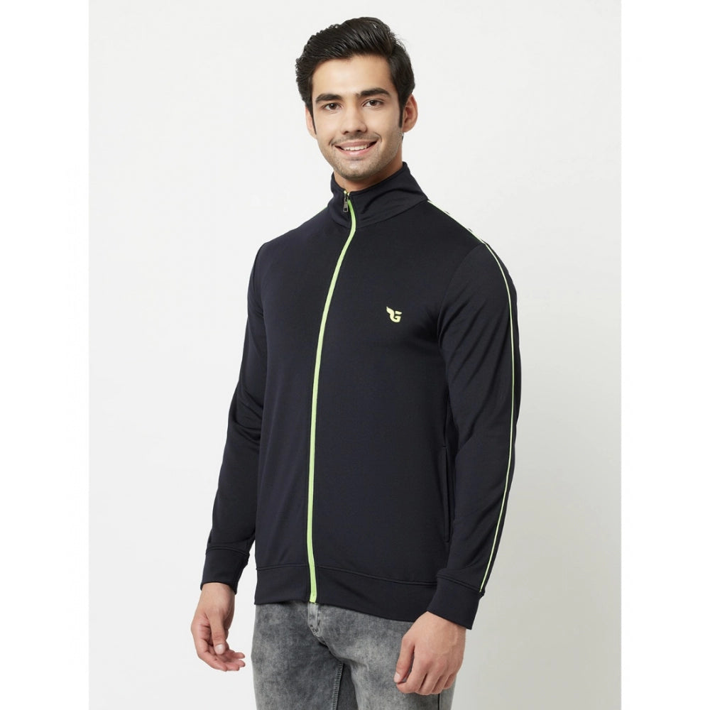 Men's Solid Lycra Blend Full Sleeve Casual Jacket (Navy-Blue)