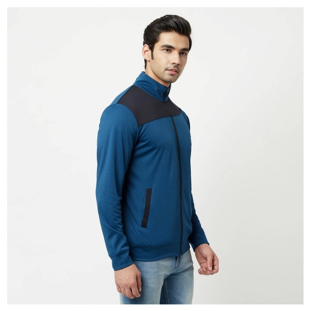 Men's Colorblock Lycra Blend Full Sleeve Casual Jacket (Blue)