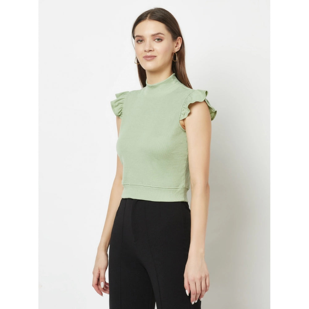 Women's Cotton Blend Self Design Puff Sleeves High Neck Regular Top (Light-Green)