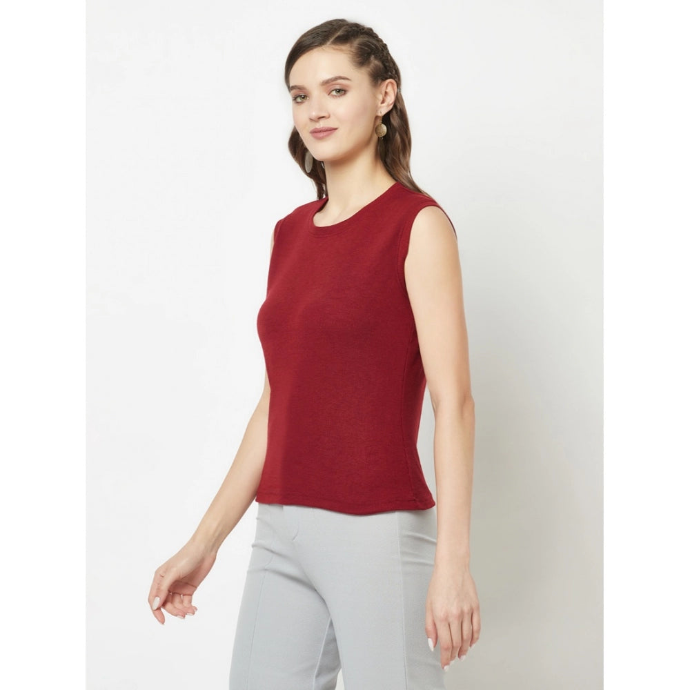 Generic Women's Cotton Blend Solid Sleeveless Round Neck Regular Top (Maroon)