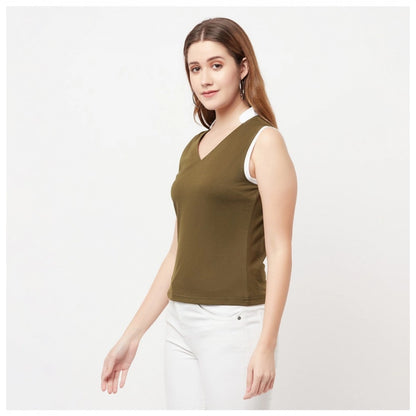 Generic Women's Cotton Blend Color Block Sleeveless V-Neck Regular Top (Green)