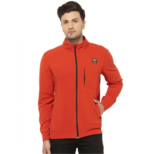 Men's Solid Lycra Blend Full Sleeve Casual Jacket (Orange)