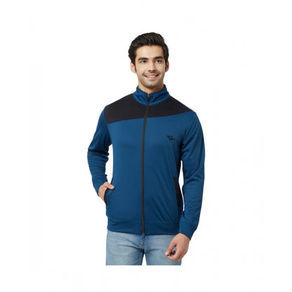 Men's Colorblock Lycra Blend Full Sleeve Casual Jacket (Blue)