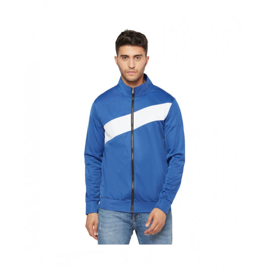 Men's Solid Polyester Full Sleeve Casual Jacket (Blue-White)