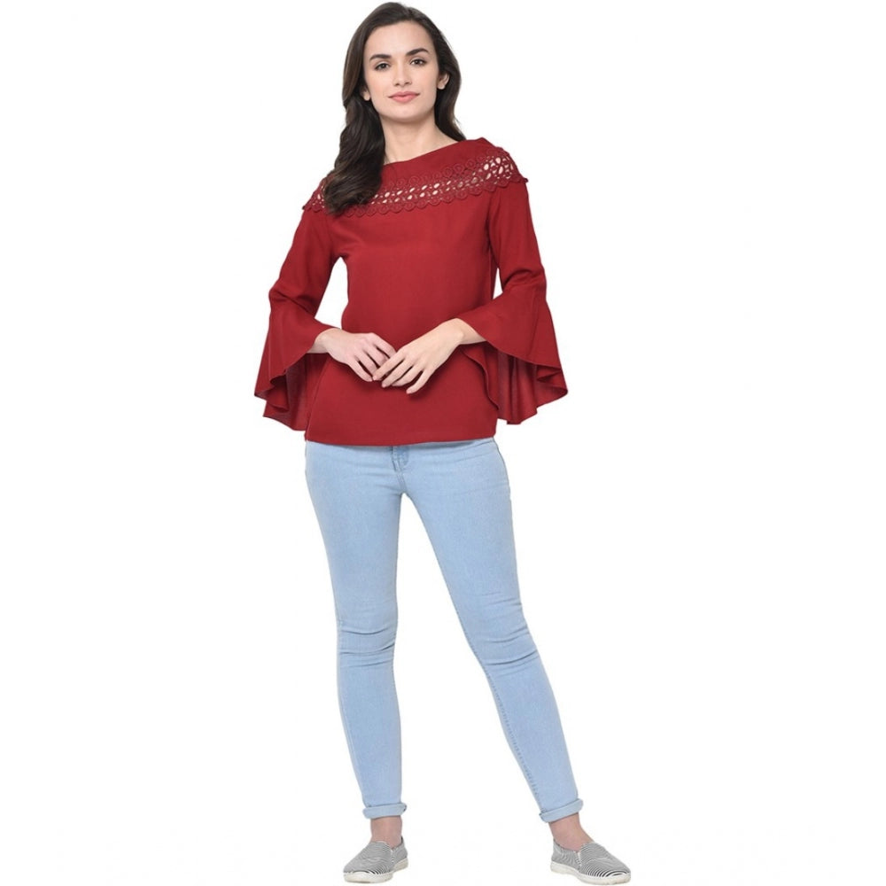 Generic Women's Cotton Blend Solid Regular Sleeves Round Neck Regular Top (Maroon)